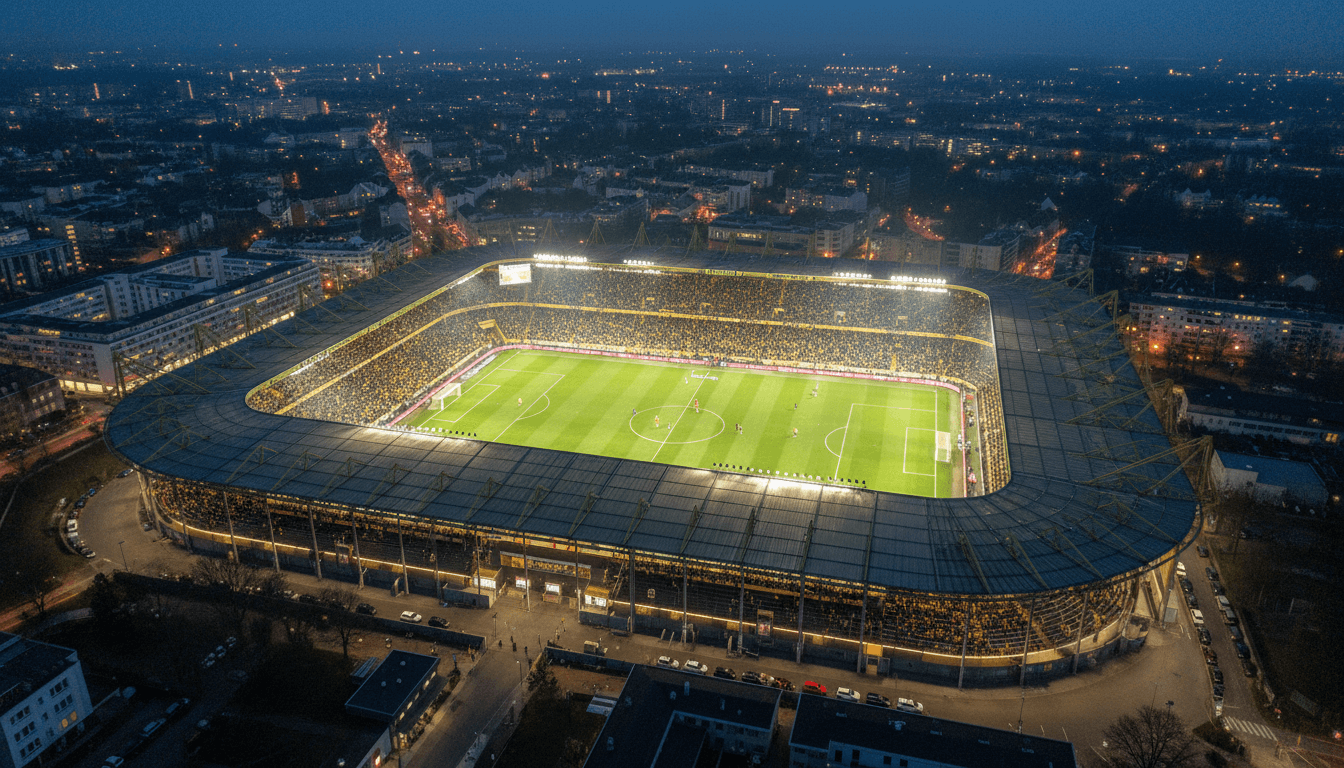 An aerial view of a packed football stadium in Dortmund, Germany, with the iconic yellow wall visible, during a night match, emphasizing the scale of the club's operations and the high-stakes environment for a blockbuster €25 million transfer fee.