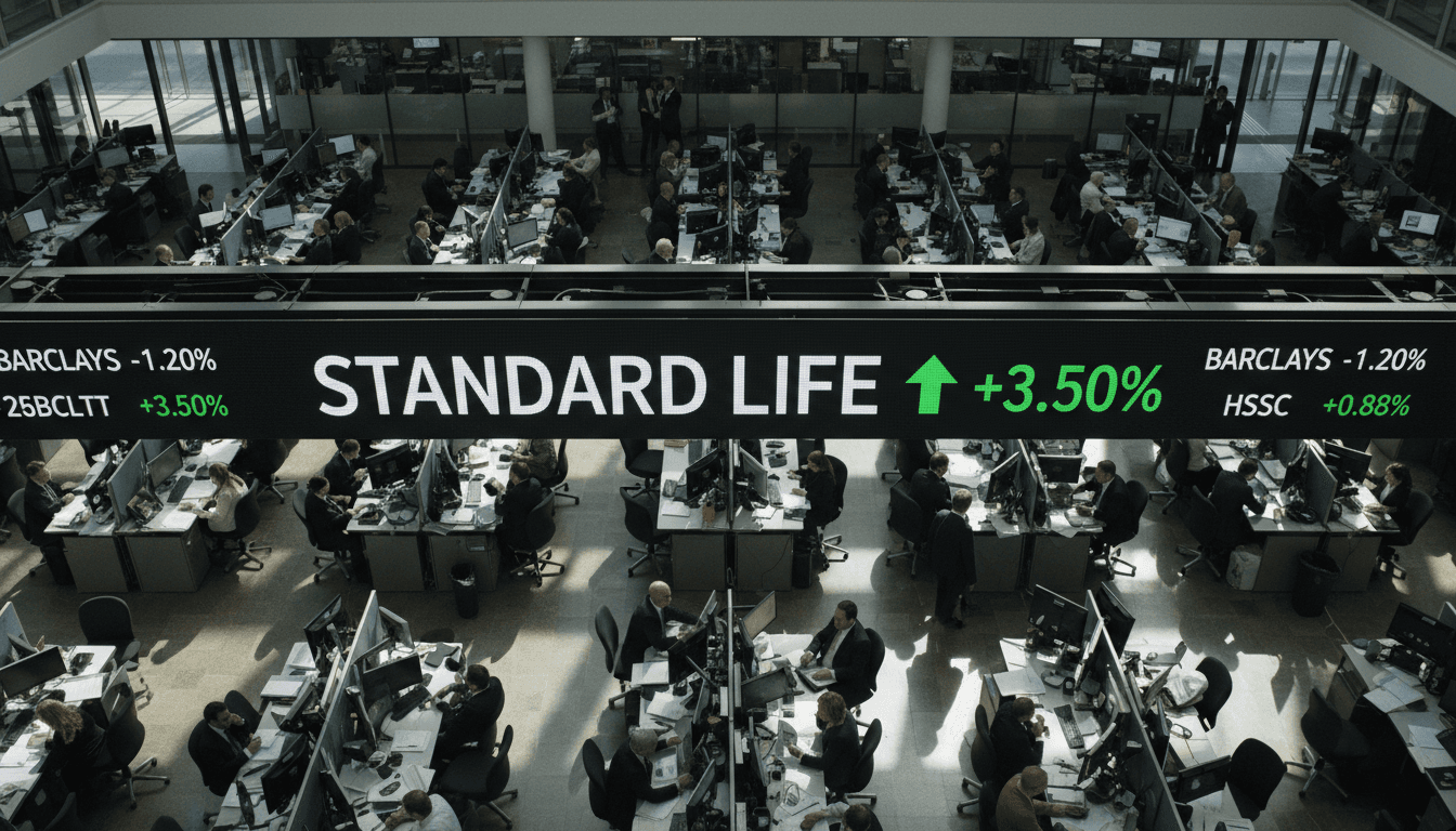 Close-up of a stock market ticker displaying 'Standard Life' with an upward green arrow, symbolizing the positive market reaction to the Standard Life Aegon acquisition.