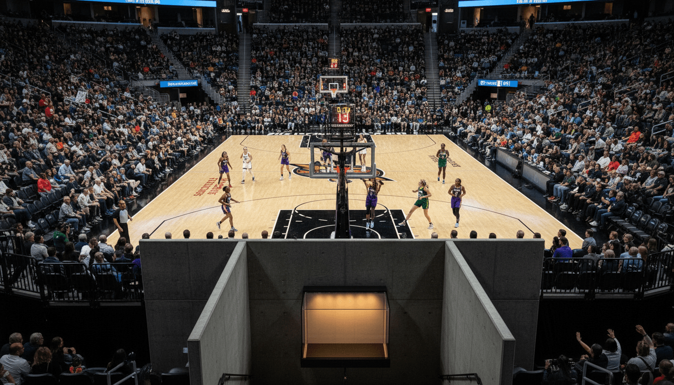 Aerial view of a packed WNBA arena during an A'ja Wilson Supermax Deal game, showcasing the court, crowd, and overall scale of the event.