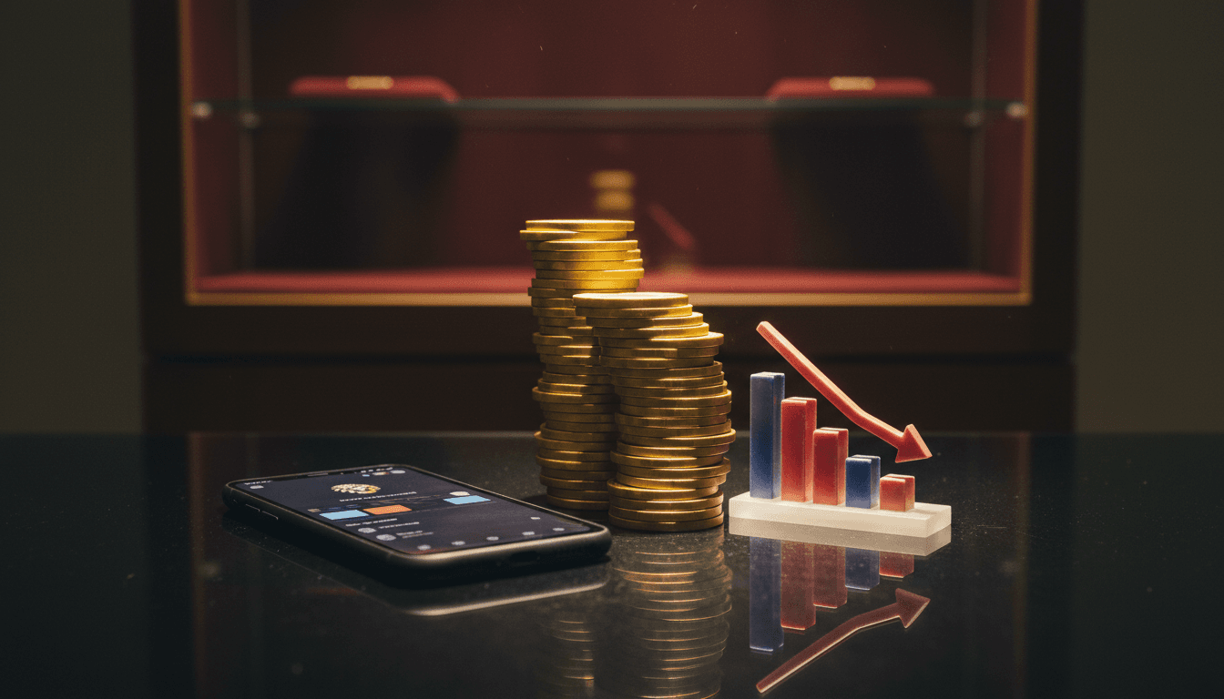 A stack of poker chips, a smartphone displaying the BetMGM app, and a small, stylized graph showing a downward trend, all arranged on a dark, polished surface, symbolizing a BetMGM guidance cut.