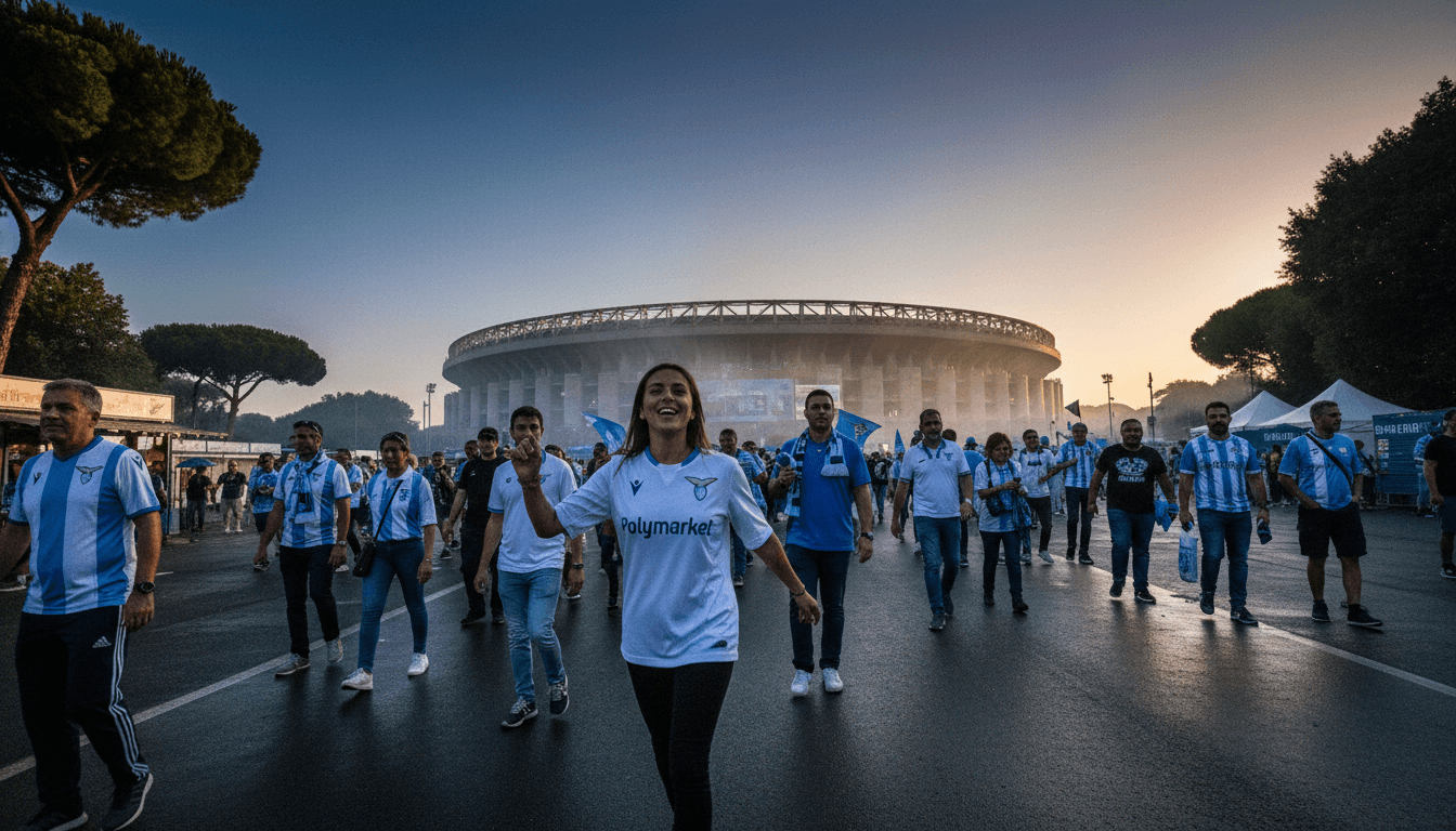 A candid, street-level shot of a fan wearing a Lazio shirt with the new Lazio Polymarket sponsorship logo clearly visible, walking near the Stadio Olimpico on a match day, with other fans in the background.