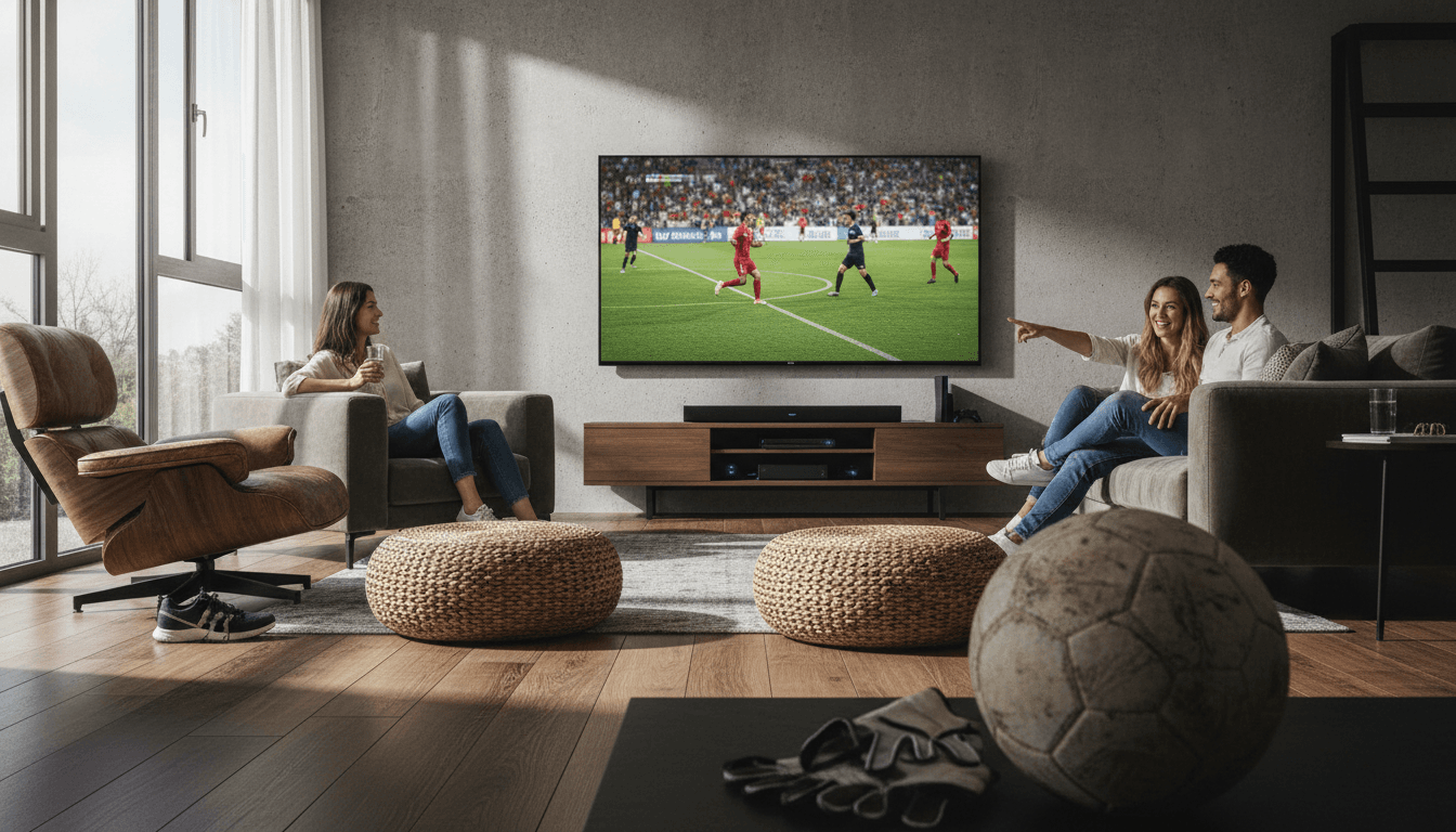 A modern living room setup with a large, high-definition television displaying a live sports event, surrounded by various home entertainment business devices.