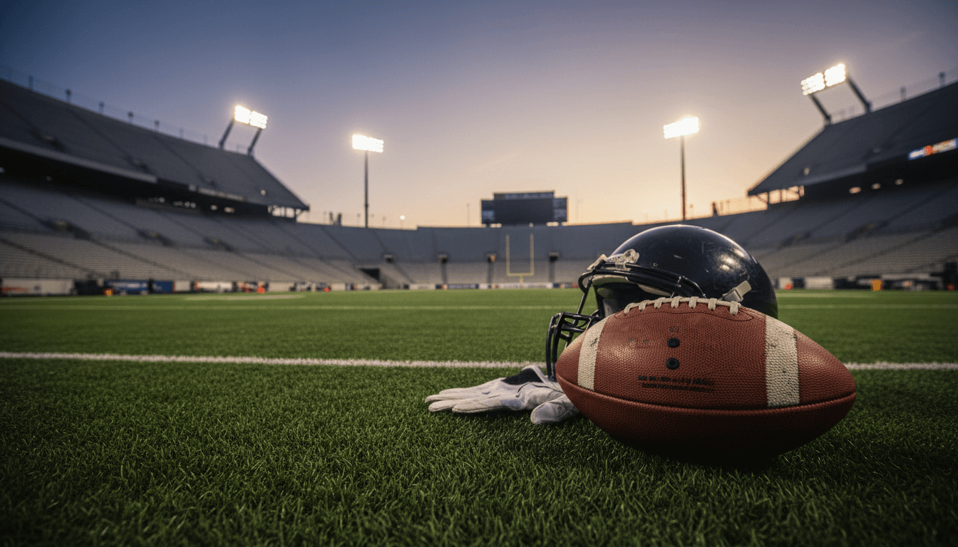 An empty football stadium at dusk, with the field lights beginning to glow, symbolizing the significant investment in UVA football coach Tony Elliott receives $1 million raise.