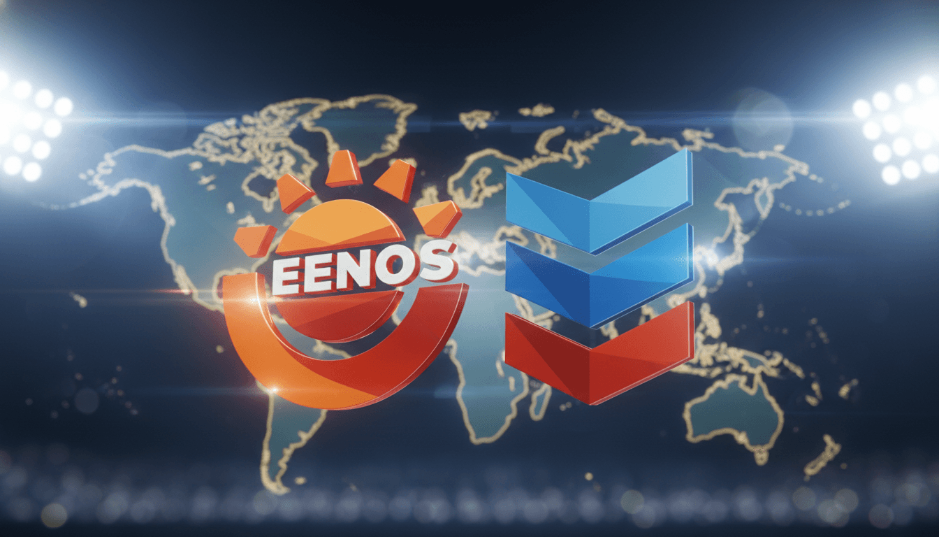 A stylized digital rendering of two corporate logos, Eneos and Chevron, merging over a map of Asia, symbolizing the strategic acquisition as Eneos pursues Chevron Asian assets.