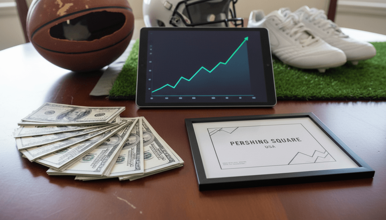 A detailed still life composition featuring a stylized stock certificate for Pershing Square USA, a stack of crisp $100 bills totaling $5 billion, and a sleek, modern tablet displaying a graph with an upward trend, symbolizing successful investment in sports assets.