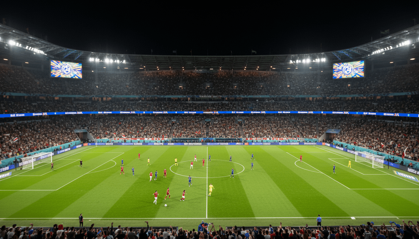 A wide shot of a packed football stadium during a UEFA Champions League match, with the pitch brightly lit and fans cheering, symbolizing the commercial success driving the €5 billion revenue milestone.