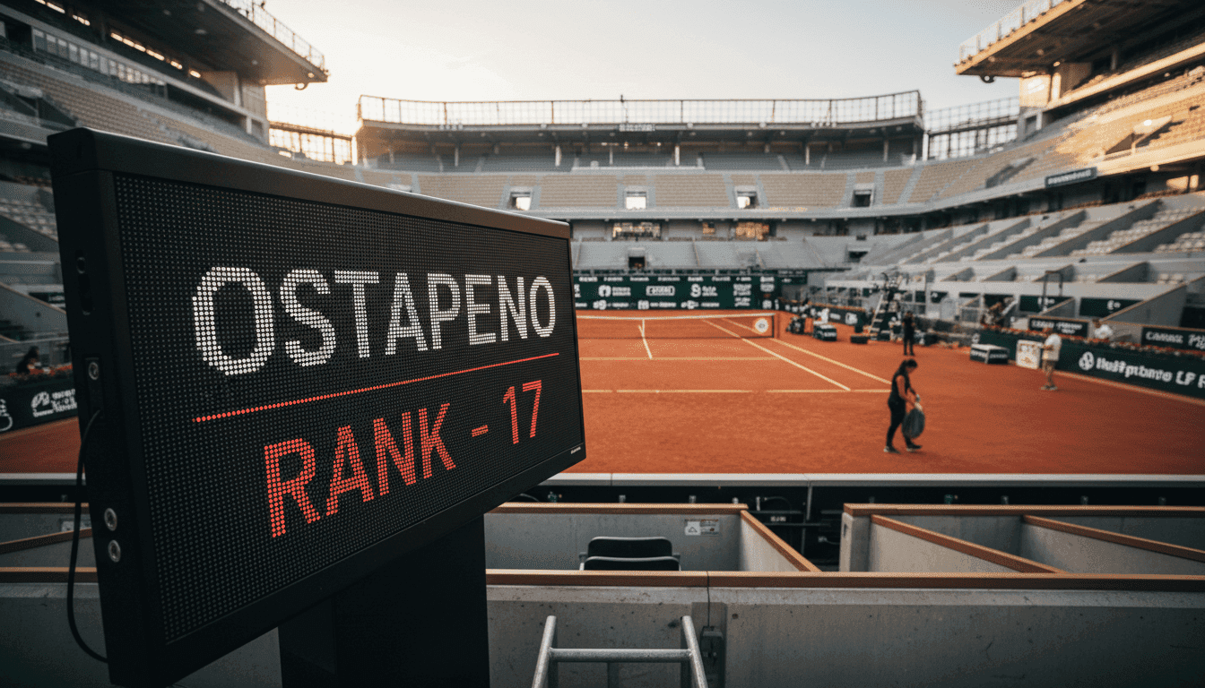 A lone Grand Slam finalist dropping 17 places is depicted on a large tennis court, with a scoreboard showing a significant ranking change.