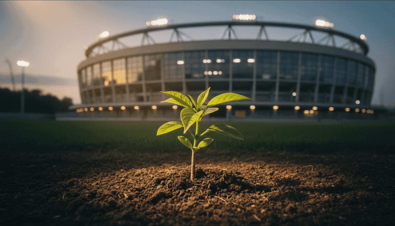 A conceptual image showing a vibrant green sapling growing strongly from rich soil, with a blurred backdrop of a grand football stadium, symbolizing the historic Bayern youth revolution and the nurturing of homegrown talent.