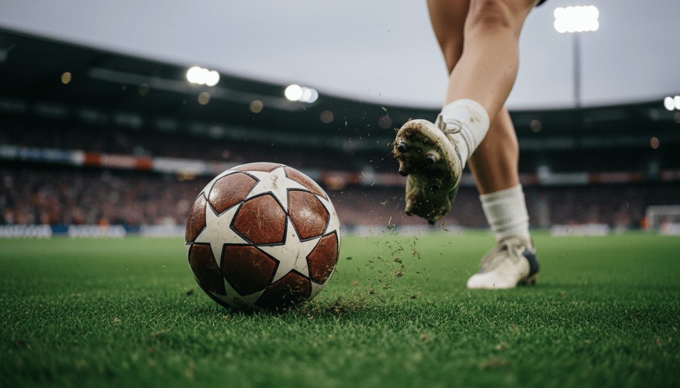 A close-up of a football player's studded boot connecting with a Champions League branded football, mid-kick, during a quarterfinal match.