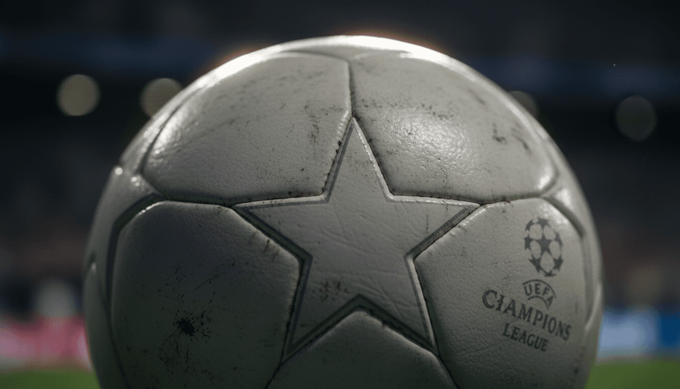 A close-up detail of a football, with the UEFA Champions League starball logo subtly visible, symbolizing the upcoming UCL match prediction.