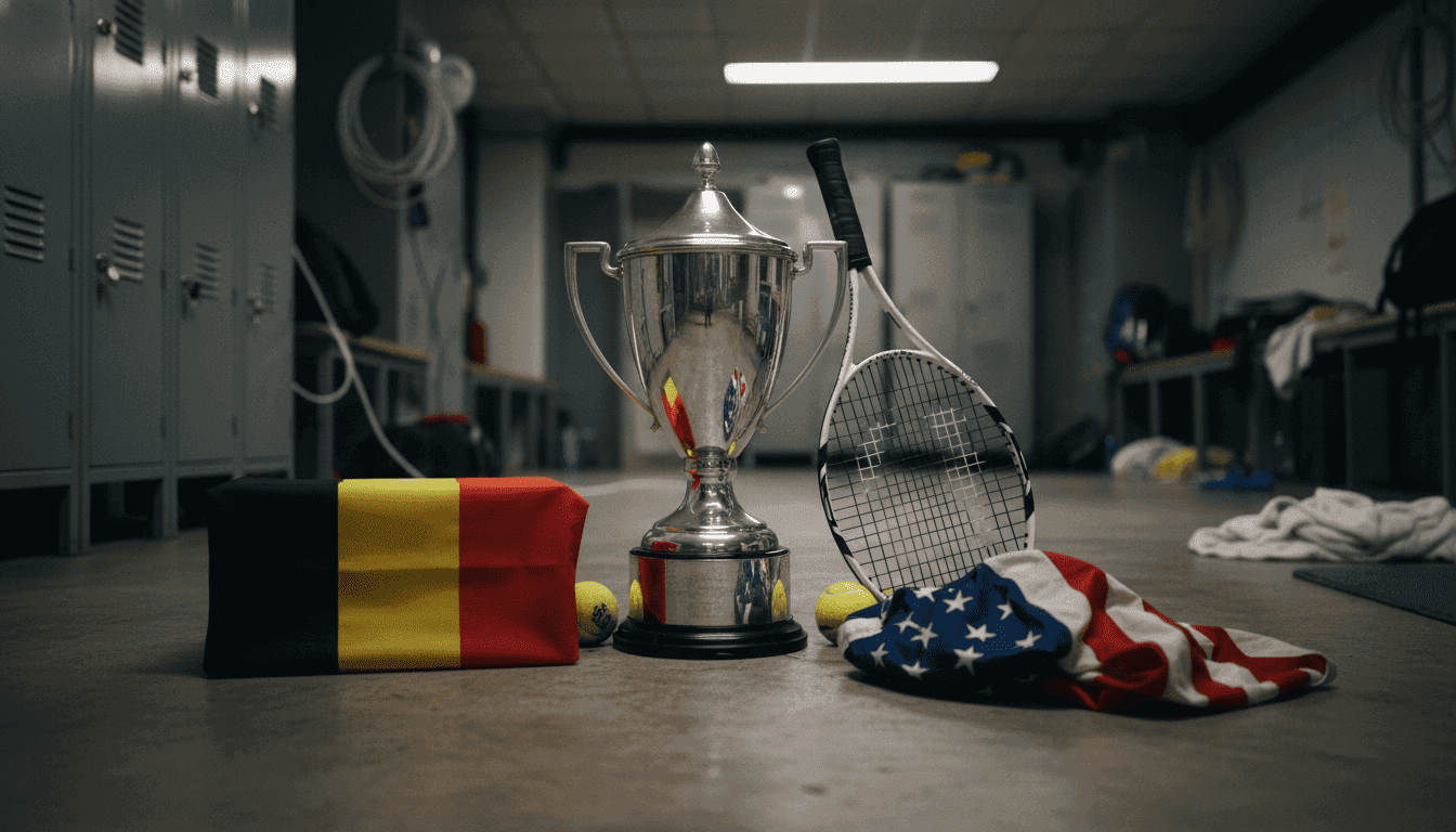A Billie Jean King Cup trophy, a Belgian flag, and an American flag arranged to signify the stunning Belgium upset.