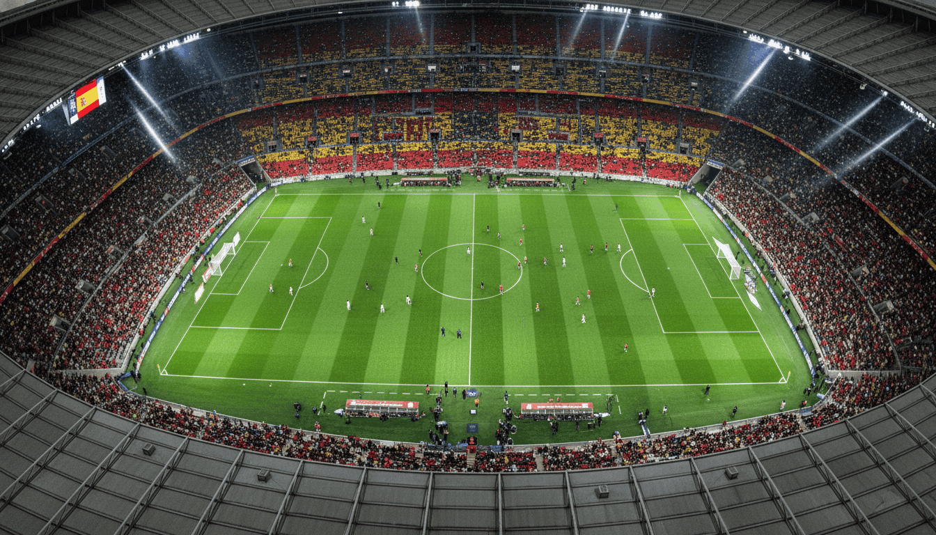 An aerial view of a packed football stadium during a women's international match, highlighting the vibrant atmosphere and the Spanish World Cup favourites team on the pitch.