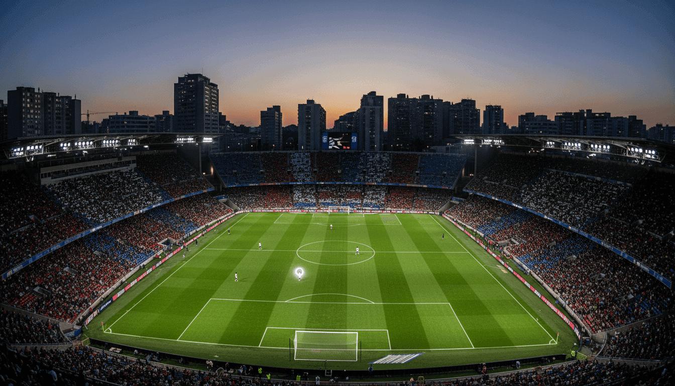 An aerial view of a bustling football stadium during a match, highlighting the global interest in Bundesliga star transfer rumours.