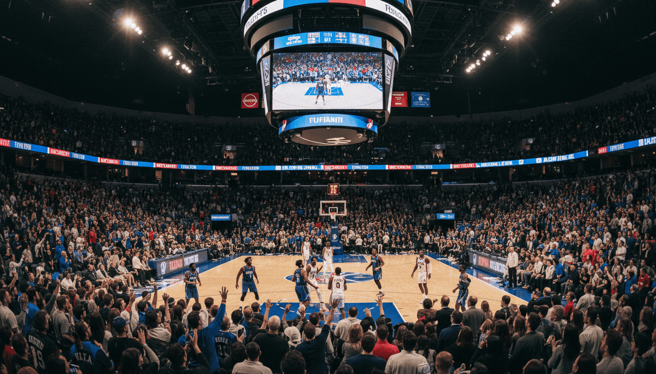 Wide shot of a packed basketball arena during the Magic 76ers Play-In Tournament game, with players on the court and fans cheering.