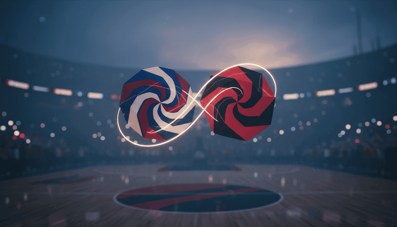 A conceptual image depicting two basketball teams, represented by abstract geometric shapes in team colors, clashing on a stylized court, symbolizing the intensity of the 76ers Blazers showdown.