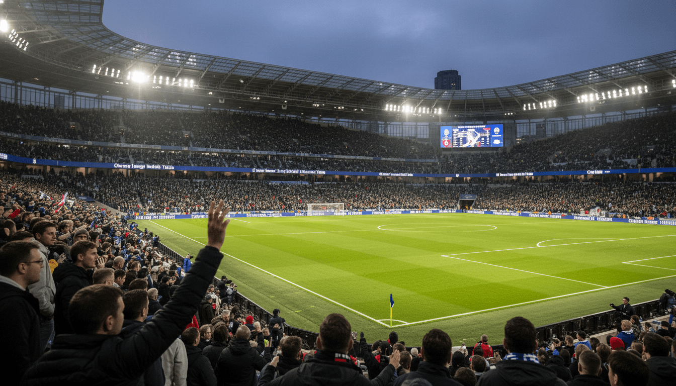 A wide shot of a bustling football stadium with 'Premier League 2025/2026' prominently displayed on a large screen.