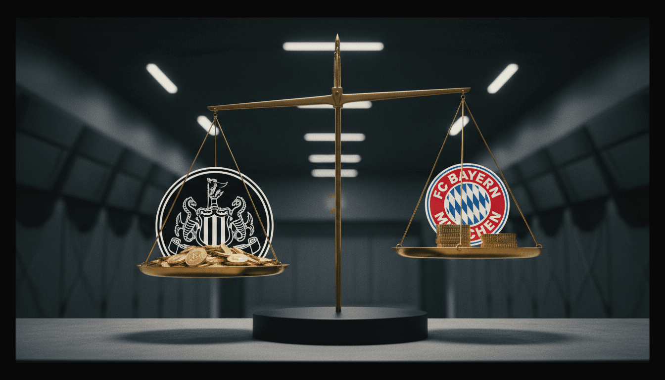 A conceptual image representing the high-stakes Anthony Gordon transfer talks, with two stylized club badges (Newcastle and Bayern Munich) balancing on a golden scale, one side heavily weighted by a shimmering pile of abstract currency, signifying the 'eye-watering valuation'.