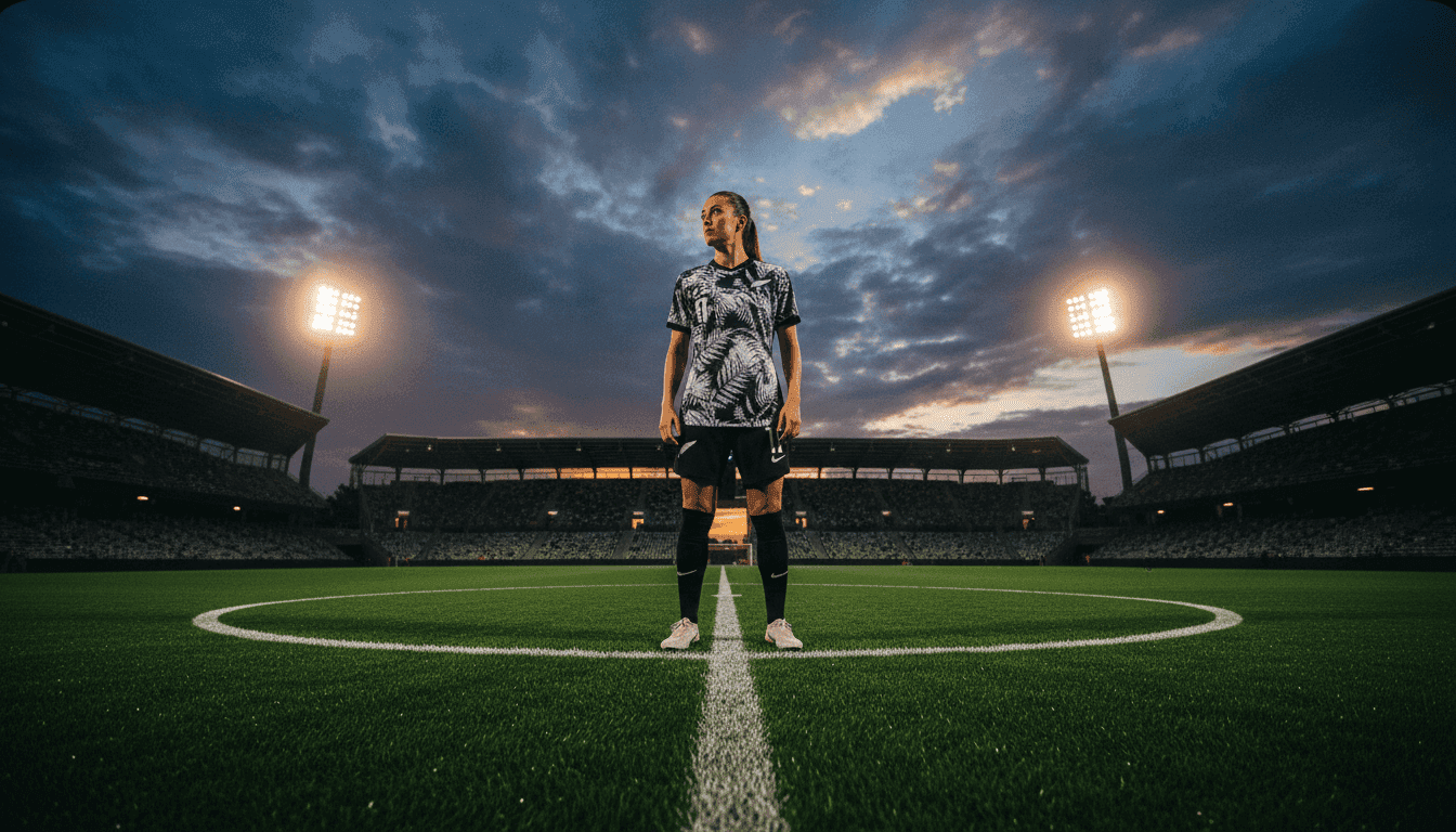 A silhouette of a football player in a New Zealand jersey stands on a vibrant green pitch, facing a large, illuminated stadium, symbolizing New Zealand prepares World Cup return.