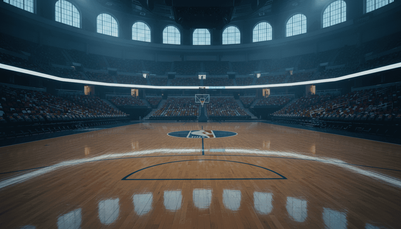 An empty basketball court at dusk, with the faint glow of stadium lights reflecting on the polished wood floor, awaiting the start of the NBA Playoffs 2026.