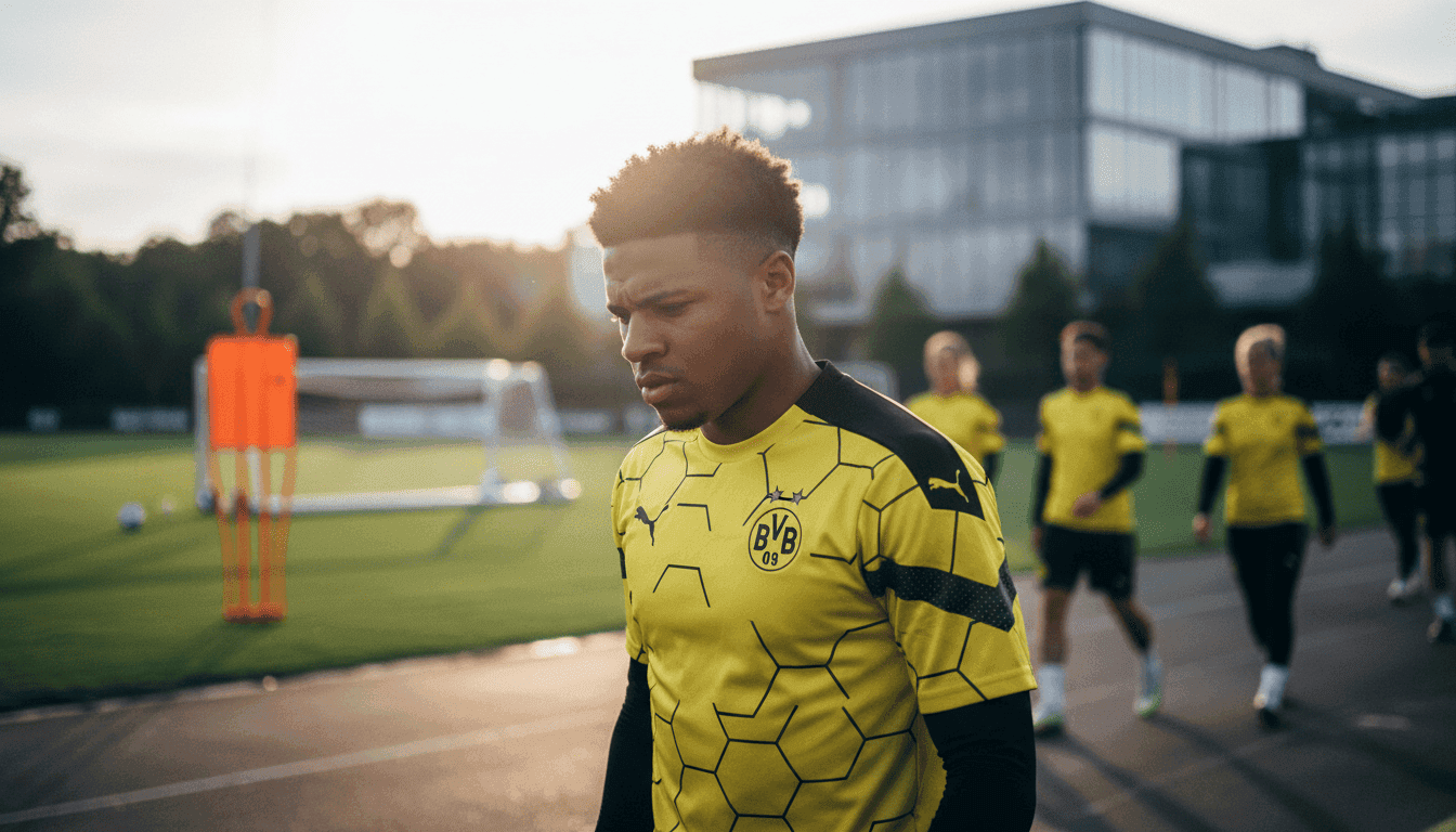Jadon Sancho Dortmund return: A close-up, candid shot of Jadon Sancho in a Borussia Dortmund training kit, looking focused during a practice session on the pitch.