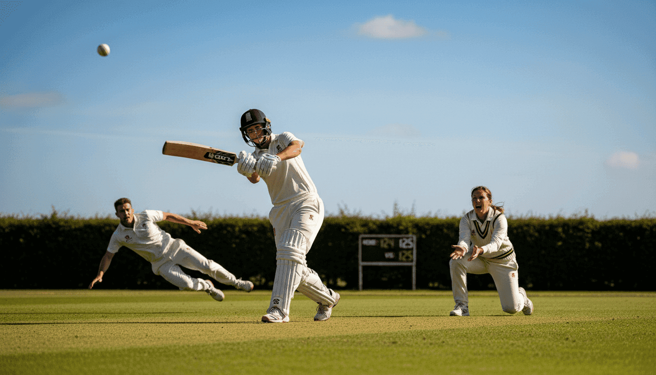A cricket batsman mid-swing, hitting a ball during the ICC Europe Qualifier 2023, with fielders in the background.