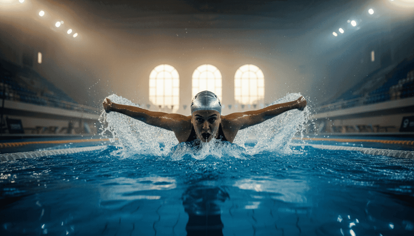 A swimmer in mid-stroke in a pool, representing the record Ireland swim team's ambition.