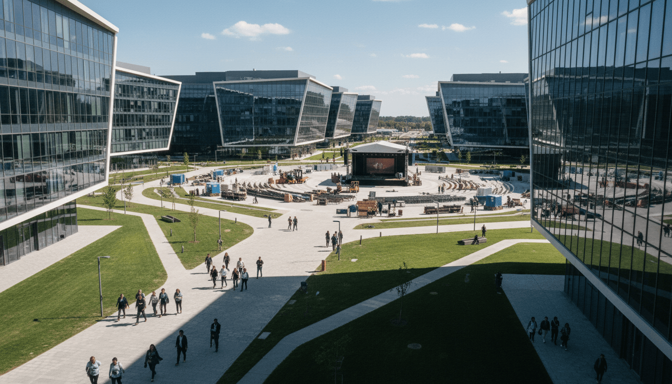 Aerial view of a modern tech campus with sleek buildings and green spaces, symbolizing the Whoop IPO next step and growth.