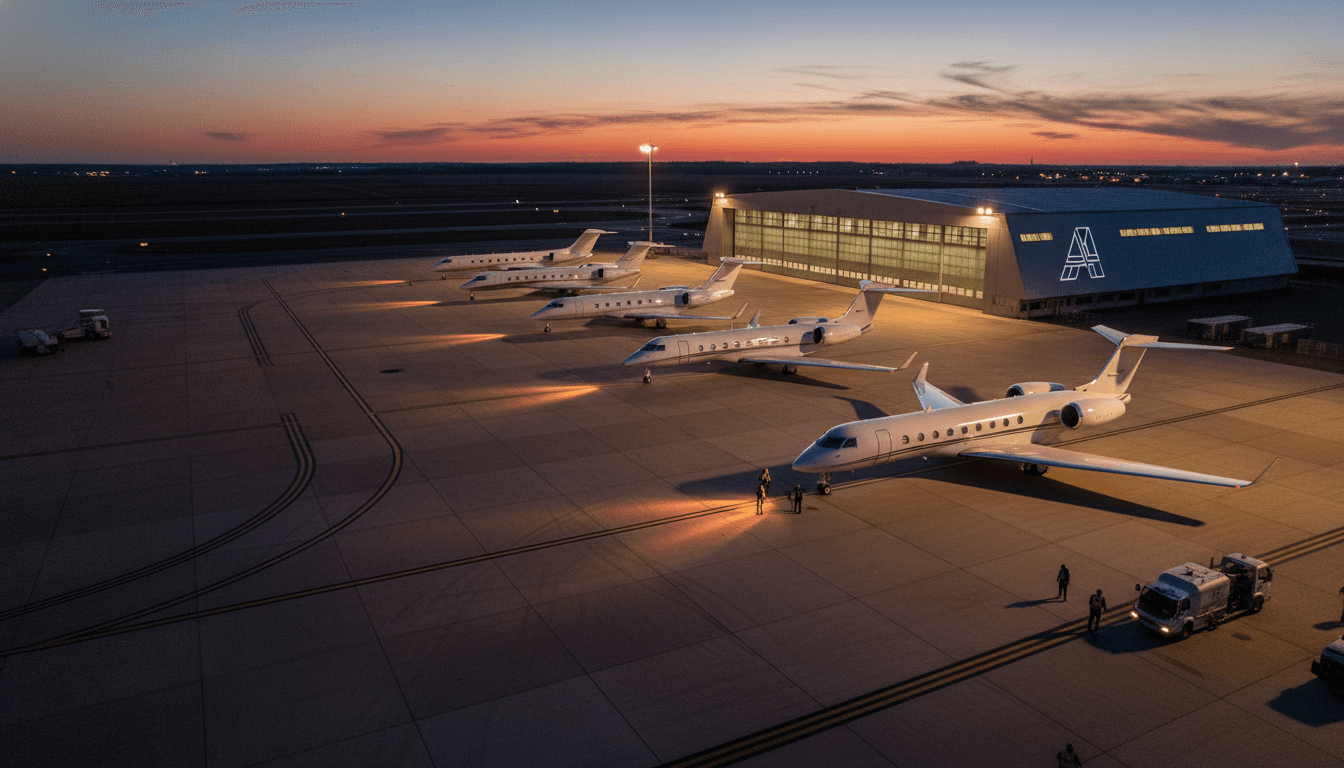A sleek private jet parked on an Atlantic Aviation acquisition tarmac at dusk, bathed in the glow of airport lights, with a stylized 'A' logo subtly visible on a hangar.