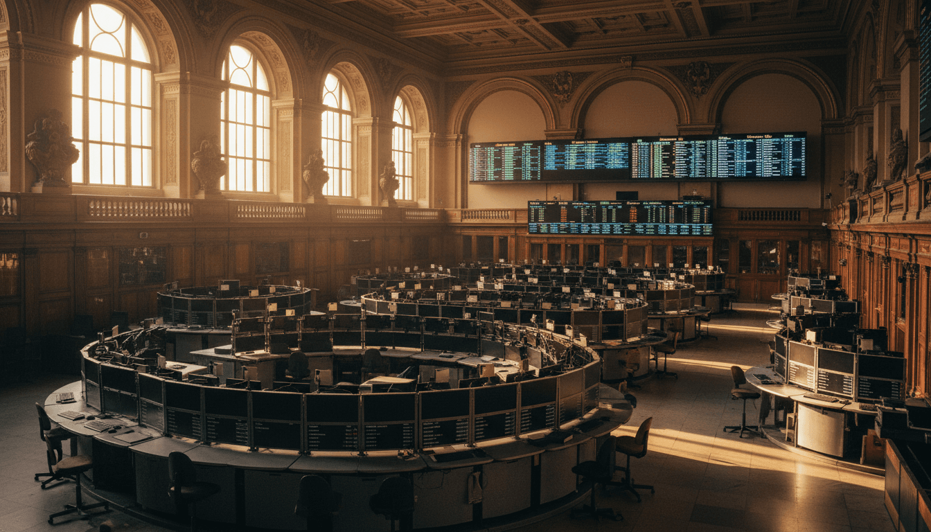 A grand, empty trading floor at a European stock exchange bathed in the early morning light, hinting at the anticipation of the KNDS IPO Launch.