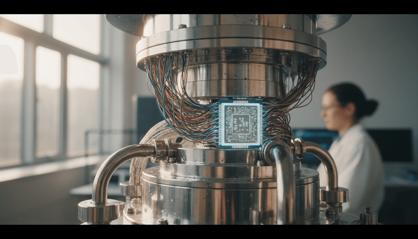 Close-up of a superconducting quantum processor chip, glowing faintly, symbolizing the advanced technology of a Finnish quantum unicorn.