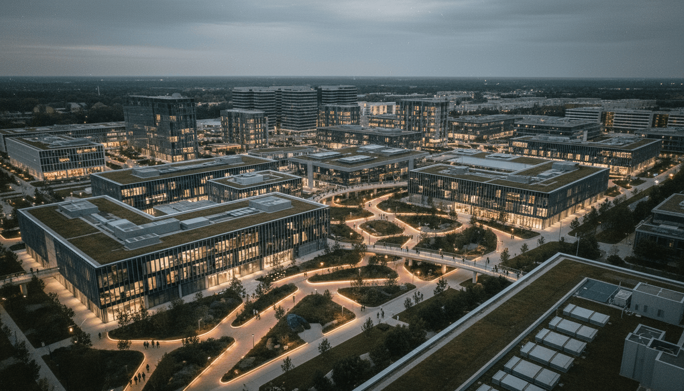 Aerial view of a modern healthtech campus with a diverse team collaborating, symbolizing the transformative healthtech acquisition.