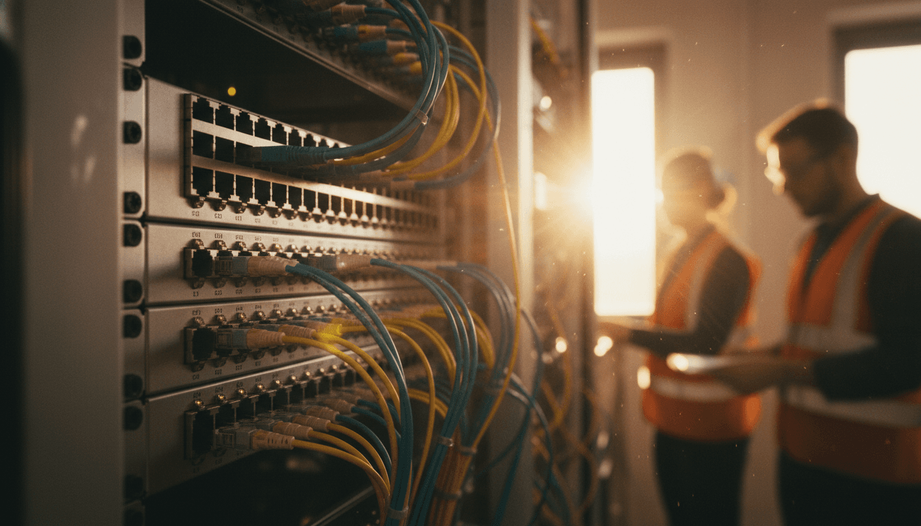 Fiber optic cables connecting to ethernet ports, symbolizing the advanced infrastructure of Indian data center projects.