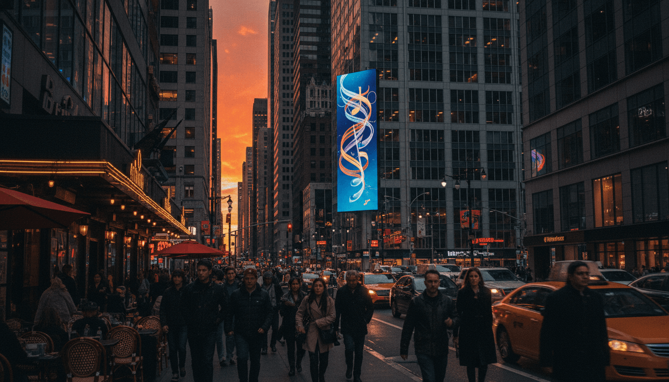 A bustling street level view of a modern cityscape with a prominent building featuring the Universal Music merger logo on a large digital billboard.
