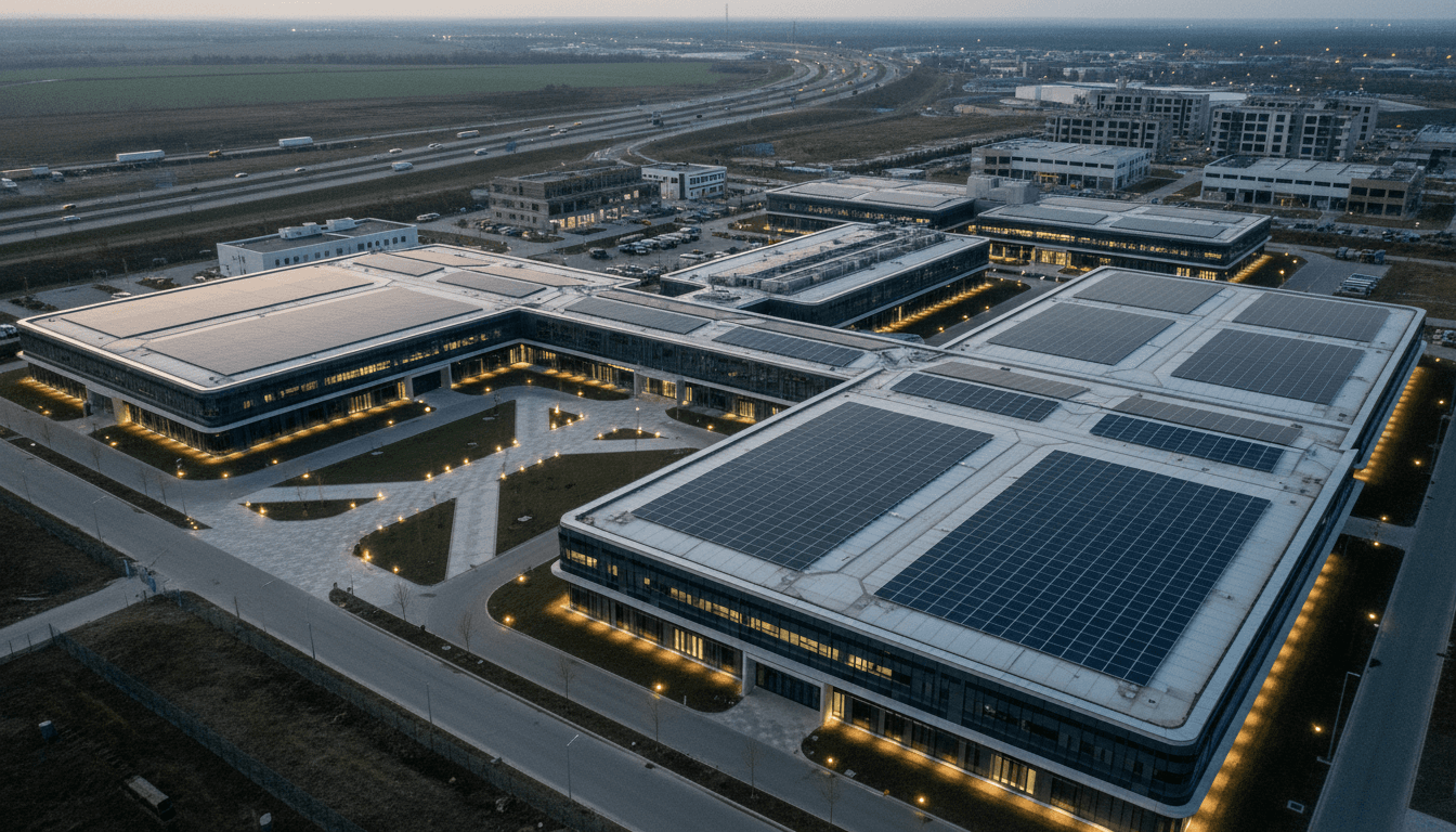 An aerial view of a sprawling, modern pharmaceutical manufacturing facility with solar panels on its roof, representing the scale of remarkable Cosmos Health revenue and operations.