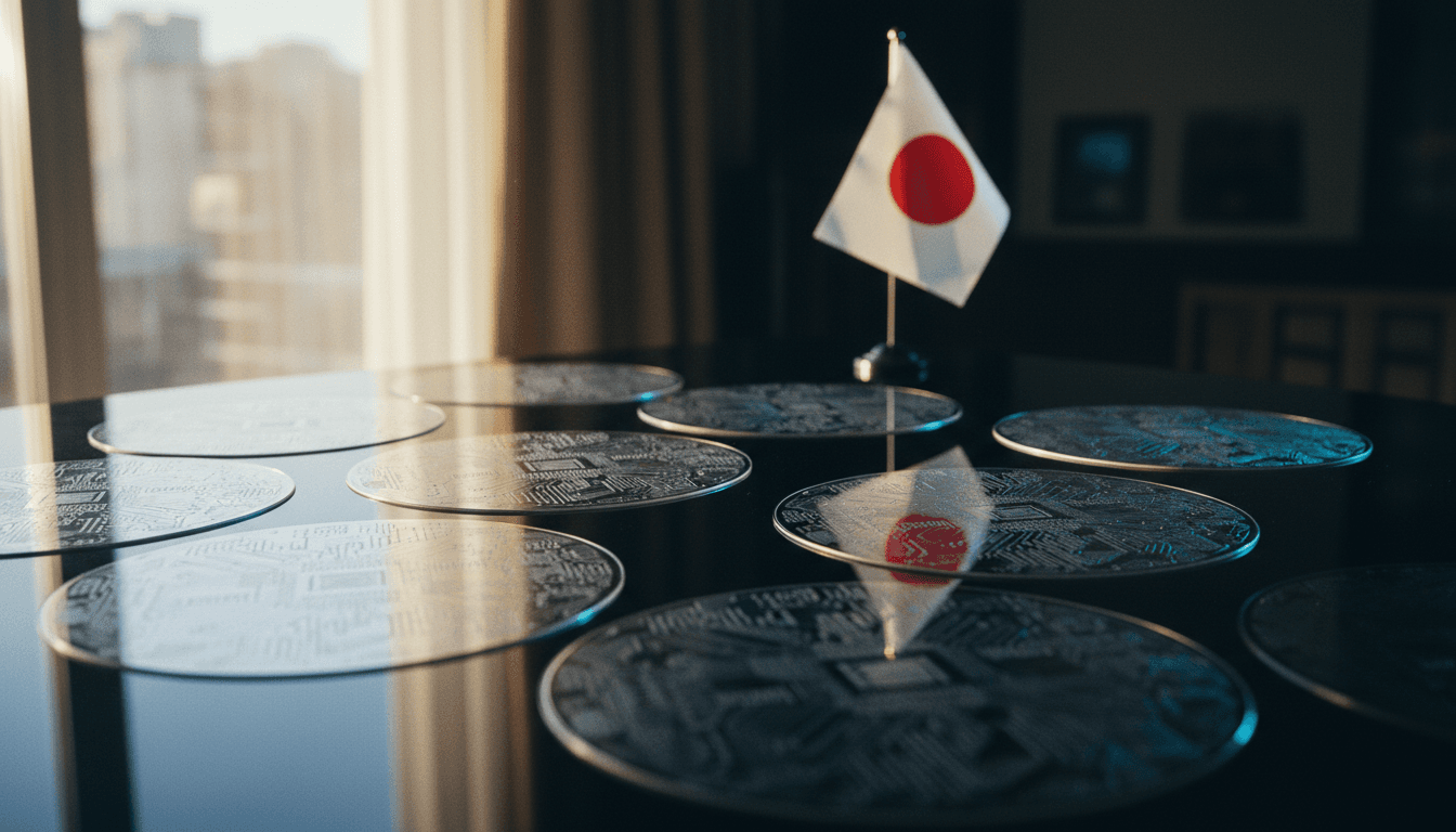 A detailed close-up of a highly intricate Rapidus AI chips wafer, shimmering under studio lights, symbolizing advanced technology and precision.