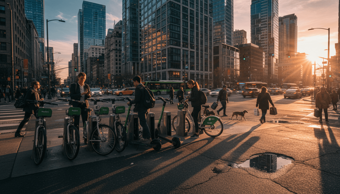 A vibrant city street scene at dusk, with several Marti Technologies scooters and bikes prominently displayed, symbolizing their Record Revenue Growth.