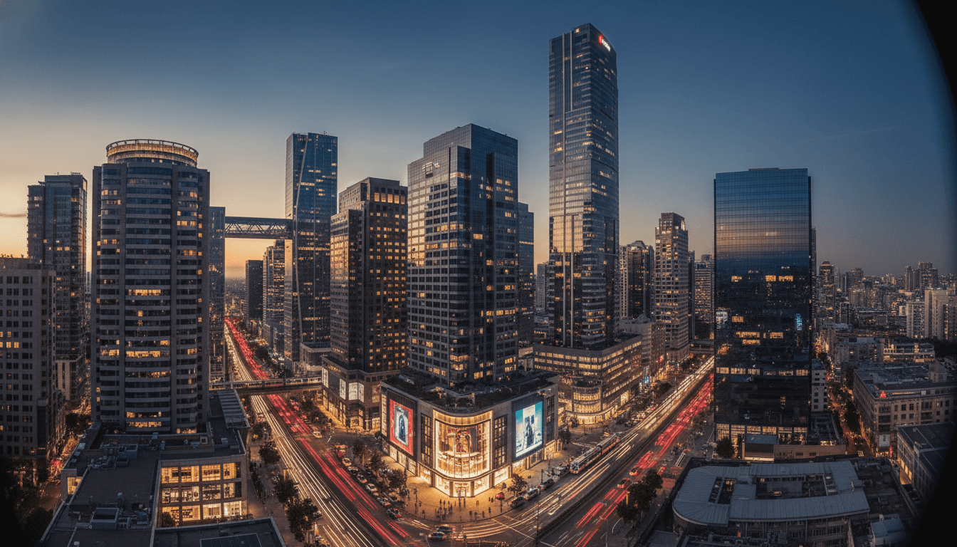 A modern, gleaming skyscraper in a bustling city skyline, representing the Amancio Ortega property empire and its vast commercial real estate holdings.