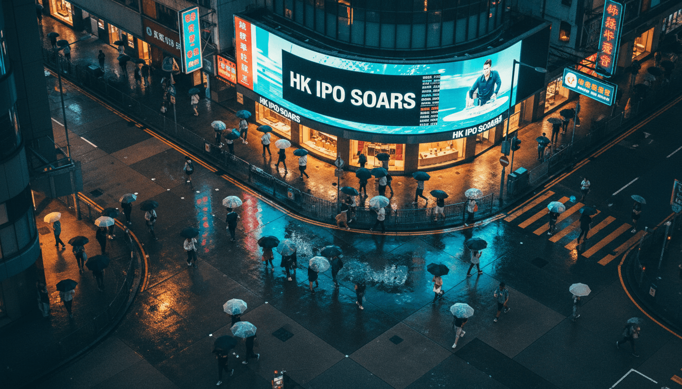 A bustling street scene in Central, Hong Kong, with a digital billboard flashing the news of the HK$140 billion IPO, reflecting off wet pavement.