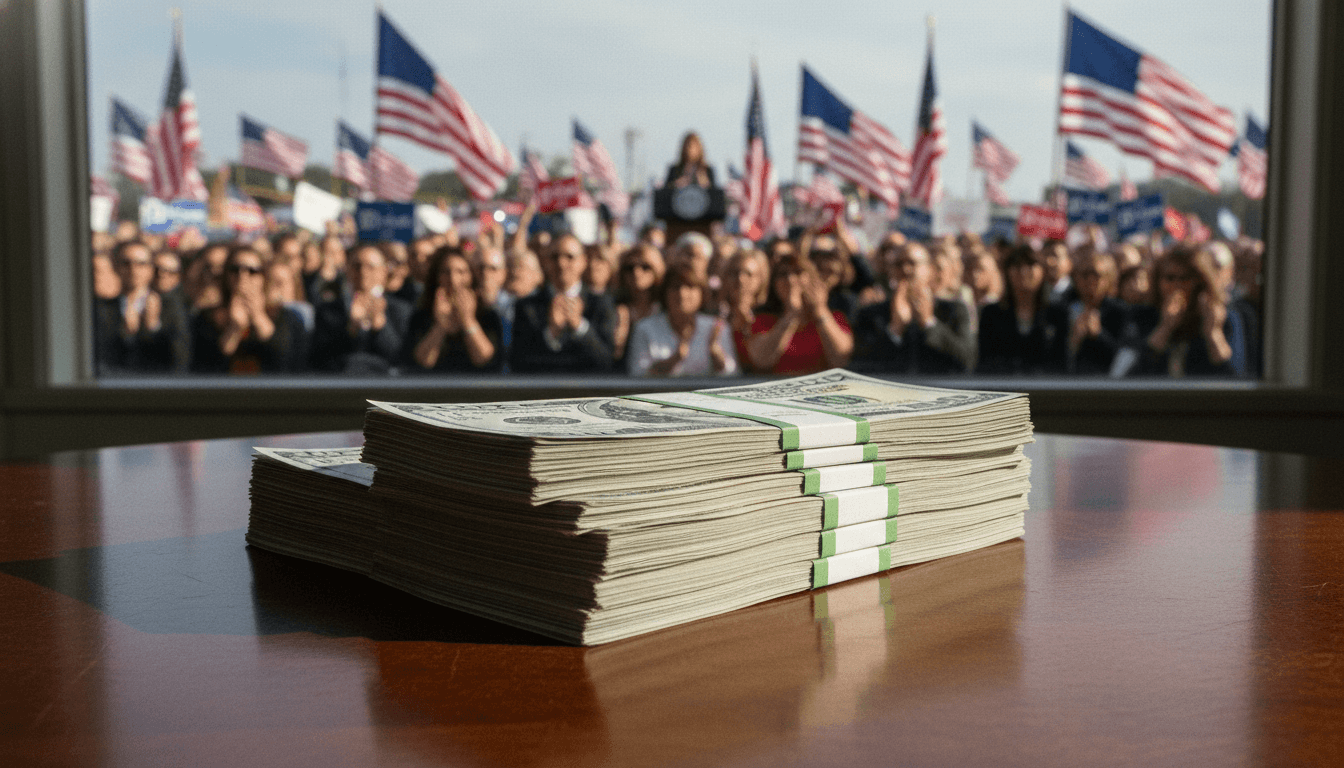 Large stack of US dollar bills with a blurred background of a political rally, representing massive political donations.