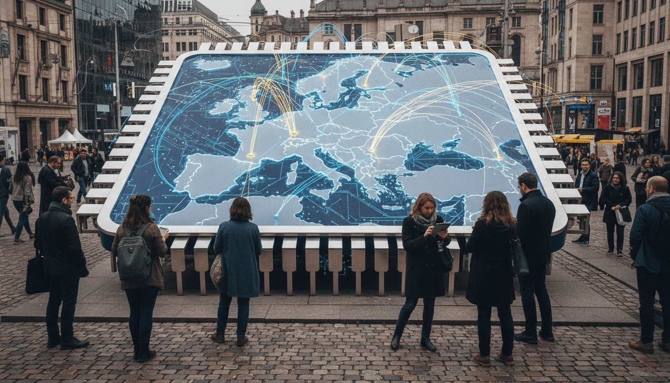 Conceptual image of growth within the European AI chip market, showing interconnected circuits and glowing data lines over a map of Europe.