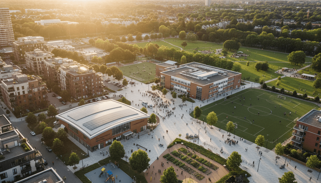 Aerial view of a vibrant, diverse community benefitting from Amazon shares philanthropy, with new buildings and green spaces