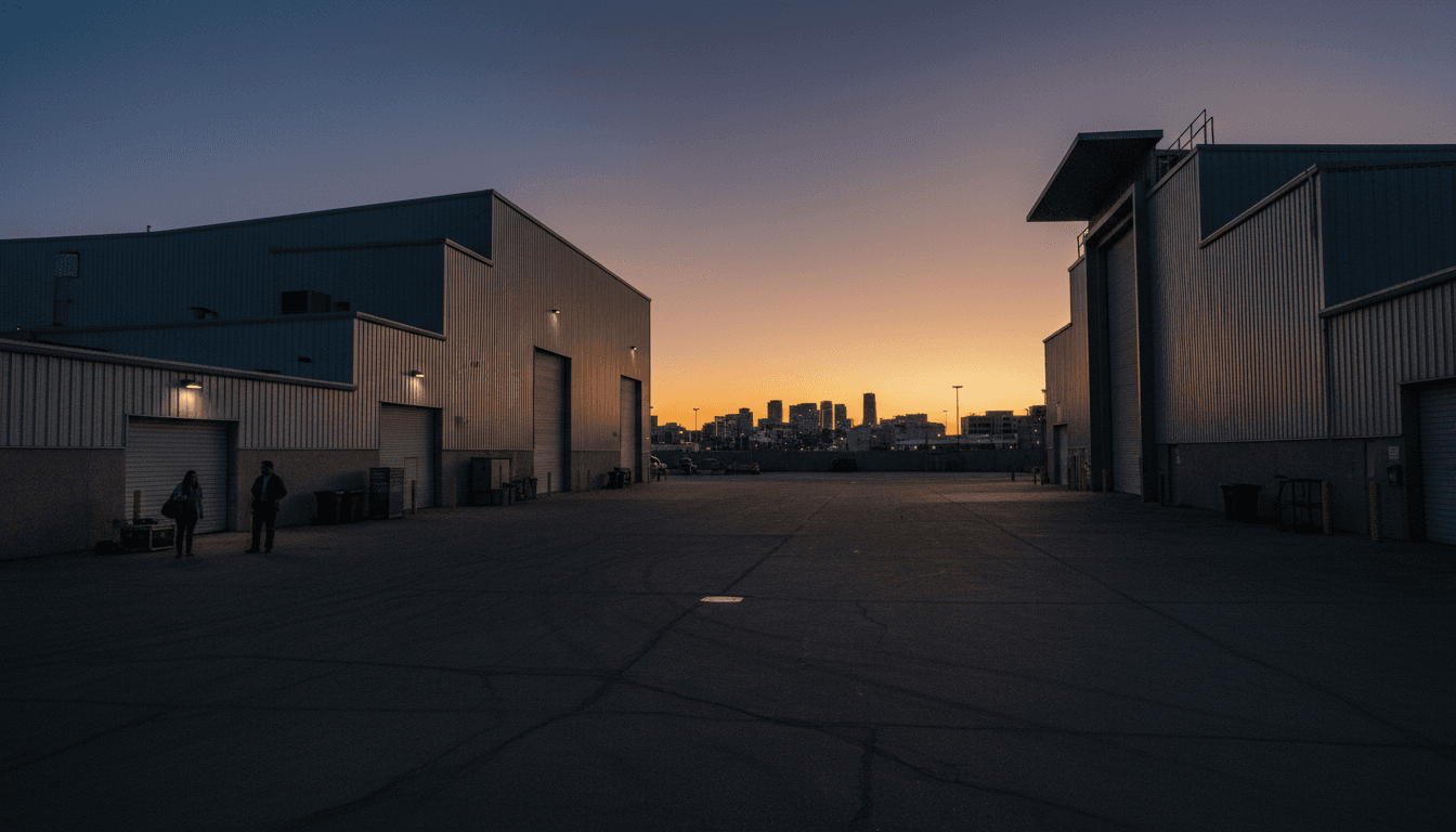 A vast, empty movie studio lot at dusk, symbolizing the immense scale of the Warner Bros. Paramount deal