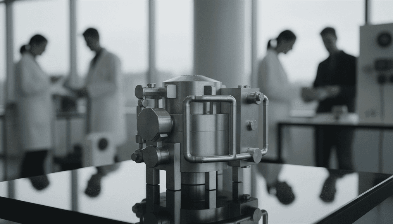 Close-up of a detailed, intricate model of an X-energy advanced nuclear reactor, showcasing its modular components and innovative design.