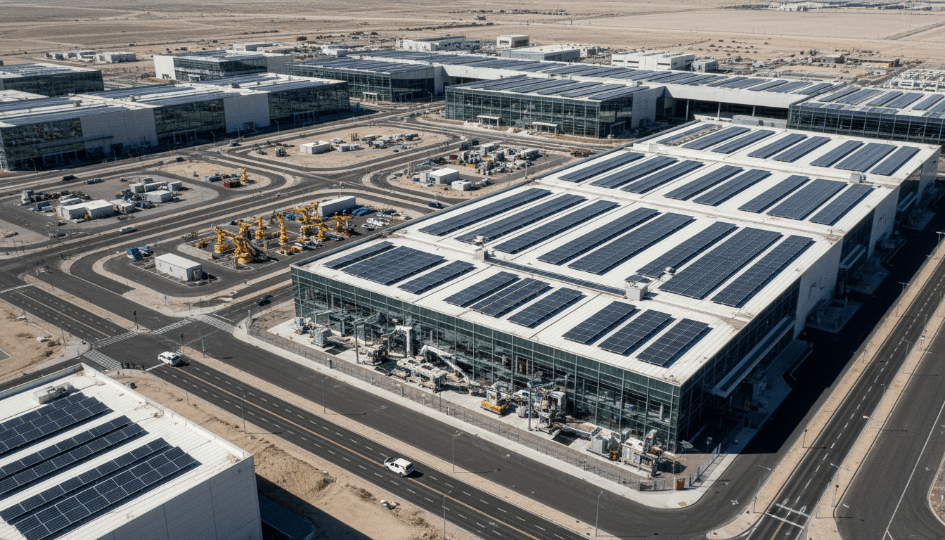 Aerial view of a futuristic Tesla Gigafactory at sunrise, illustrating the scale of operations and advanced AI hardware acquisition capabilities.