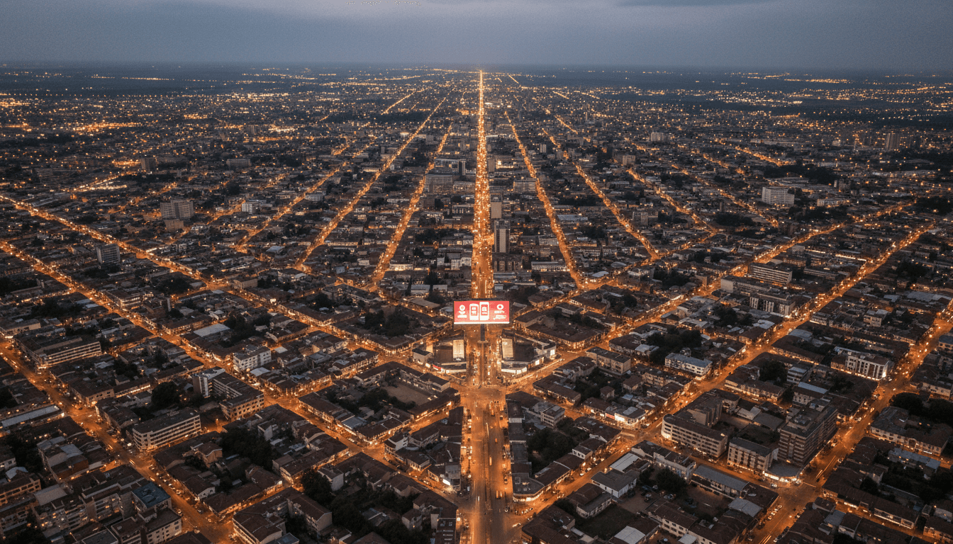 Aerial view of a bustling African city with a prominent Airtel Africa mobile money unit billboard