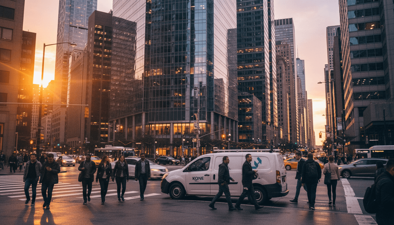 A bustling city street scene with modern skyscrapers in the background, subtly highlighting a Kone-branded service vehicle parked curbside, symbolizing Kone acquires TKE and its expanded urban presence.