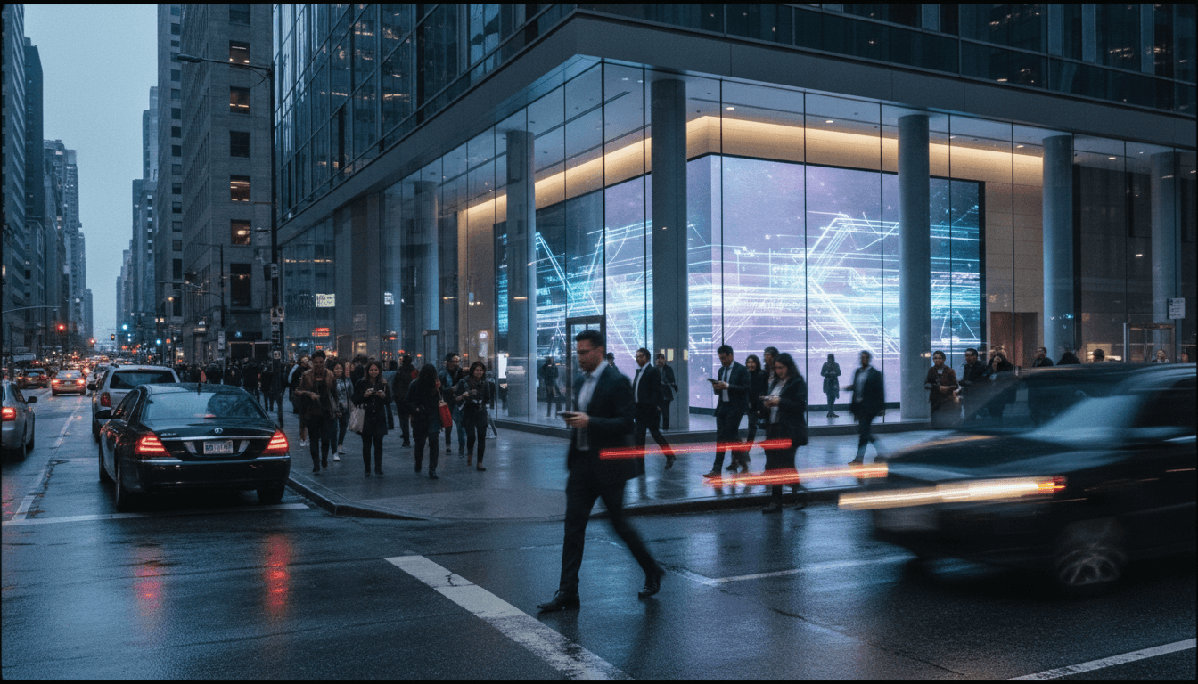 A bustling street outside a major bank headquarters where Trump officials urge banks to test Mythos AI for cybersecurity.