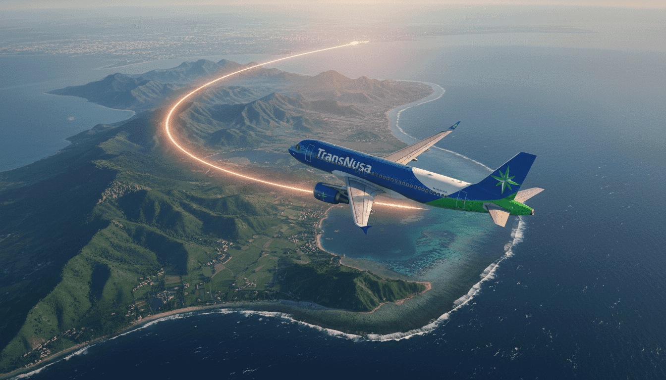 An aerial view of an airplane flying over the Indonesian archipelago, with a clear focus on a route connecting Jakarta and Lombok, symbolizing the new Jakarta Lombok flights.