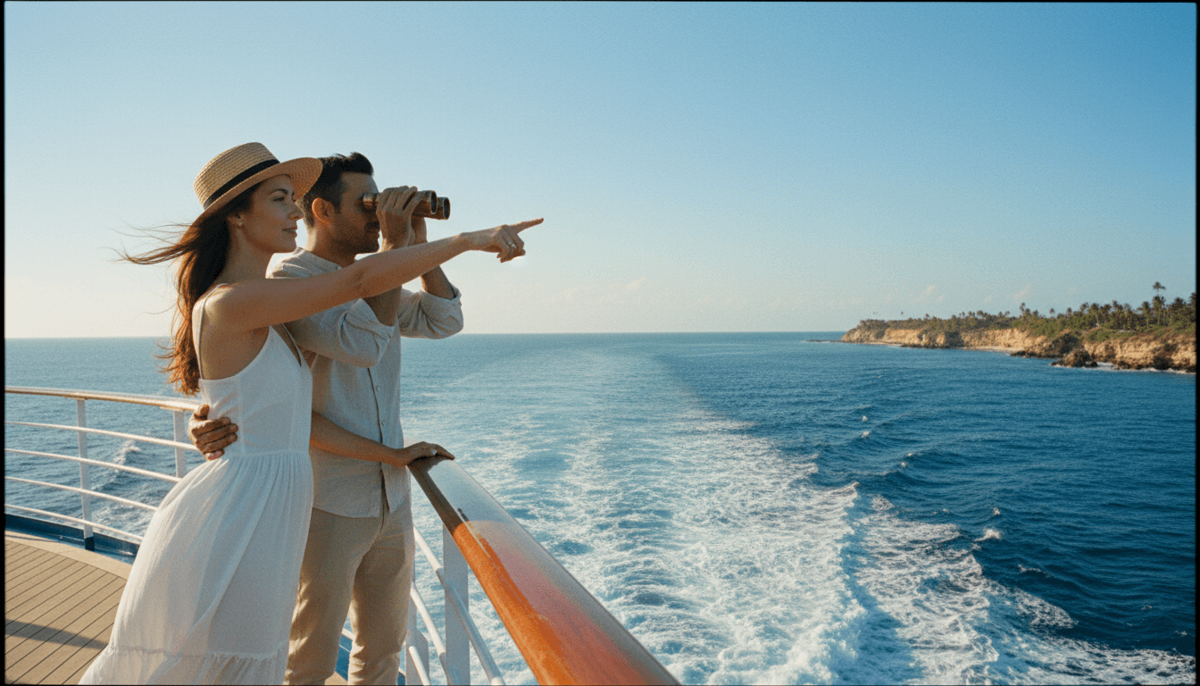 A couple on the deck of a cruise ship, looking out at a scenic ocean sunset, embodying the allure of cruise travel trends.