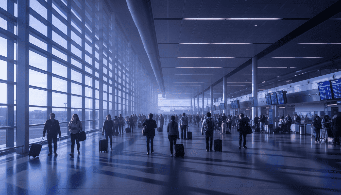A bustling scene inside the Redmond Municipal Airport terminal, showcasing the impact of new Oregon airport federal funds on infrastructure.